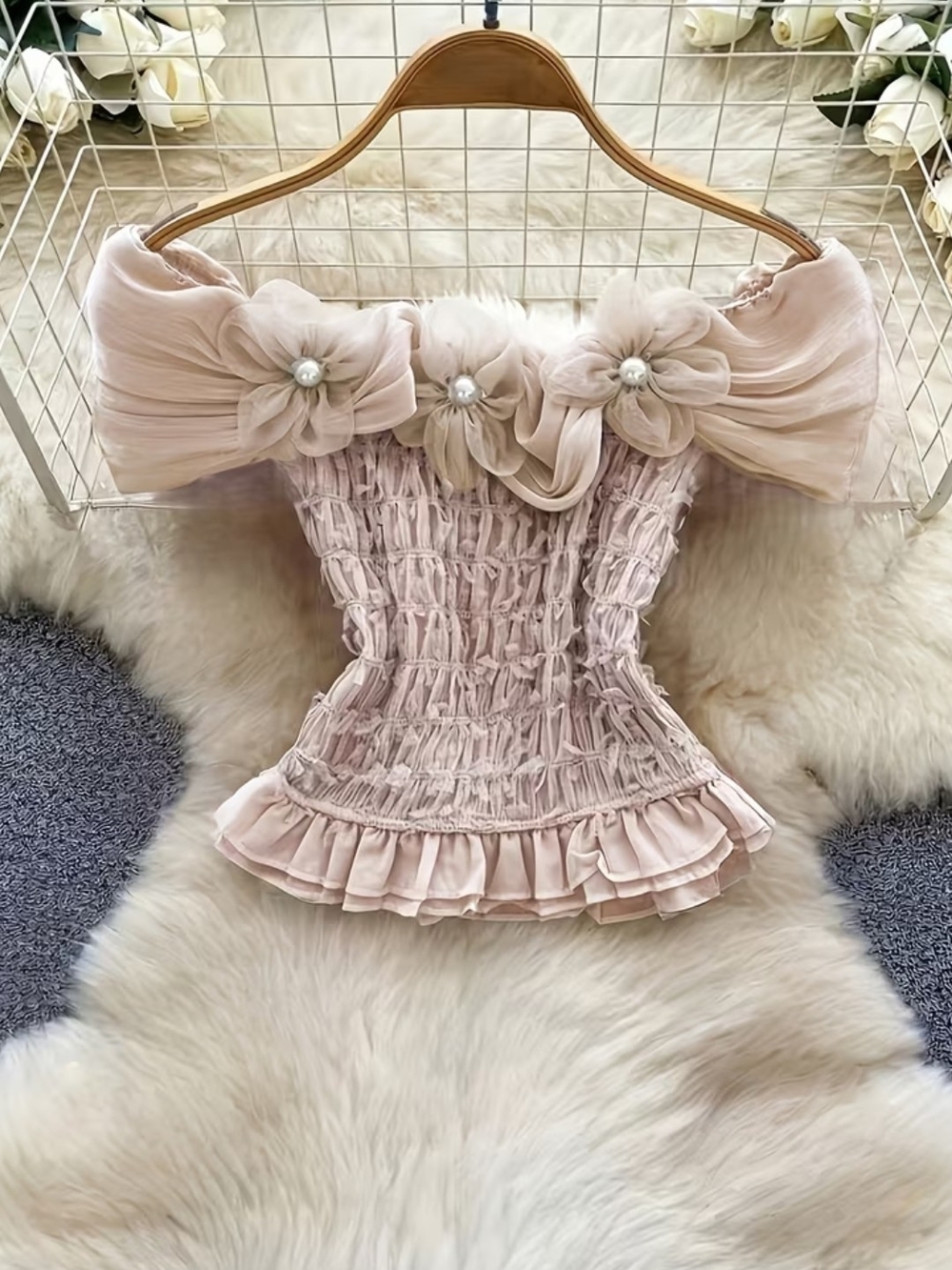 Off-Shoulder Floral Applique Smocked Top in Blush Pink